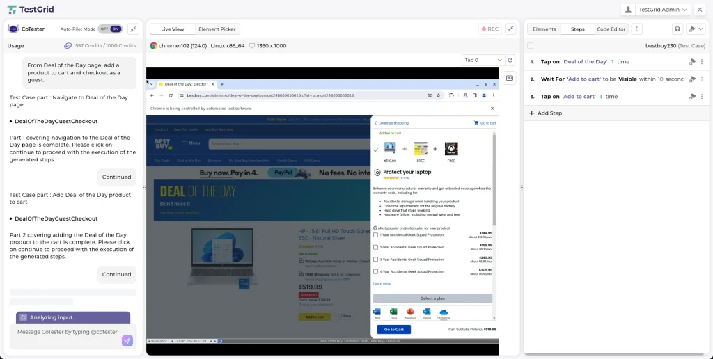 AI Test Case Generation: A Complete Guide for QA Teams 17 TestGrid's CoTester performing automated test case generation on Best Buy’s “Deal of the Day” page.
