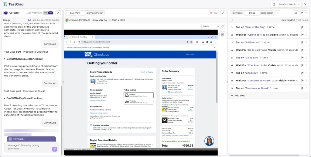 AI Test Case Generation: A Complete Guide for QA Teams 20 TestGrid's CoTester automating a Best Buy checkout page scenario