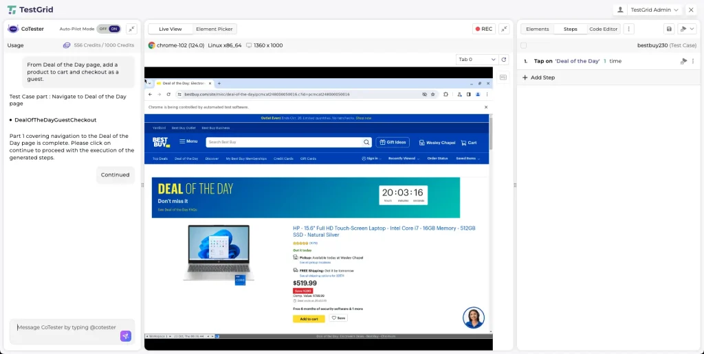 AI Test Case Generation: A Complete Guide for QA Teams 16 TestGrid's CoTester running an automated test on Best Buy’s “Deal of the Day” page