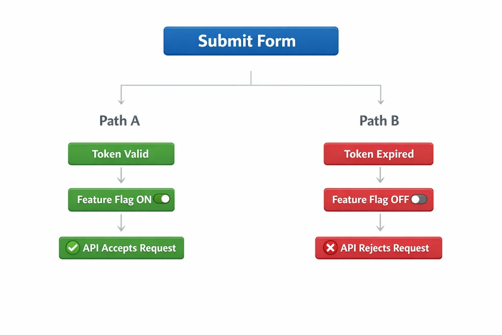 The Limits of Record-and-Play Automation in Stateful Applications 2 Flowchart showing a “Submit Form” process splitting into two paths: Path A (green) with “Token Valid” “Feature Flag ON” “API Accepts Request,” and Path B (red) with “Token Expired” “Feature Flag OFF” “API Rejects Request.”