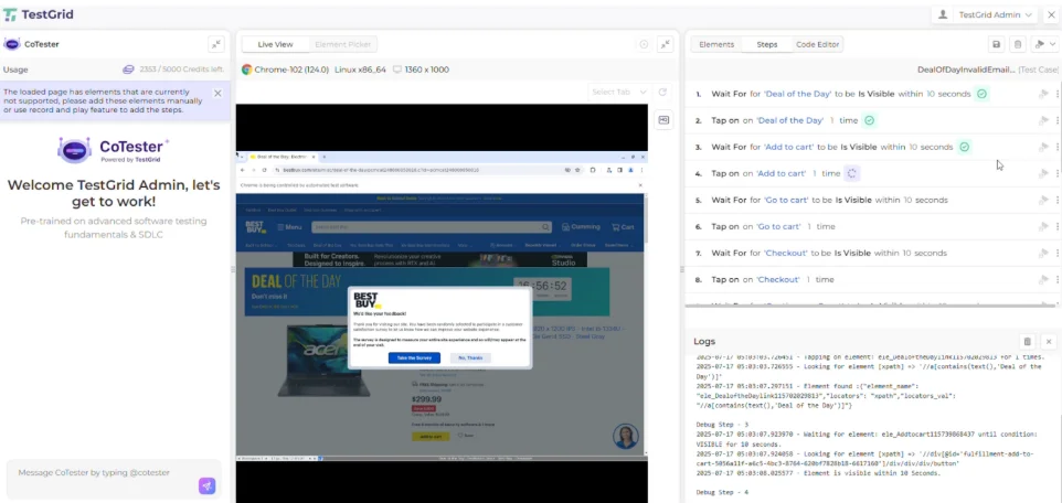 CoTester by TestGrid running an automated e-commerce test on BestBuy.com, showing step-by-step actions and debug logs in the side panel.