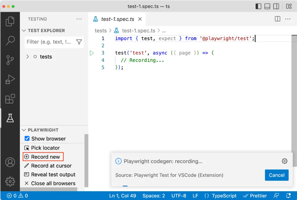 playwright generate code in VS