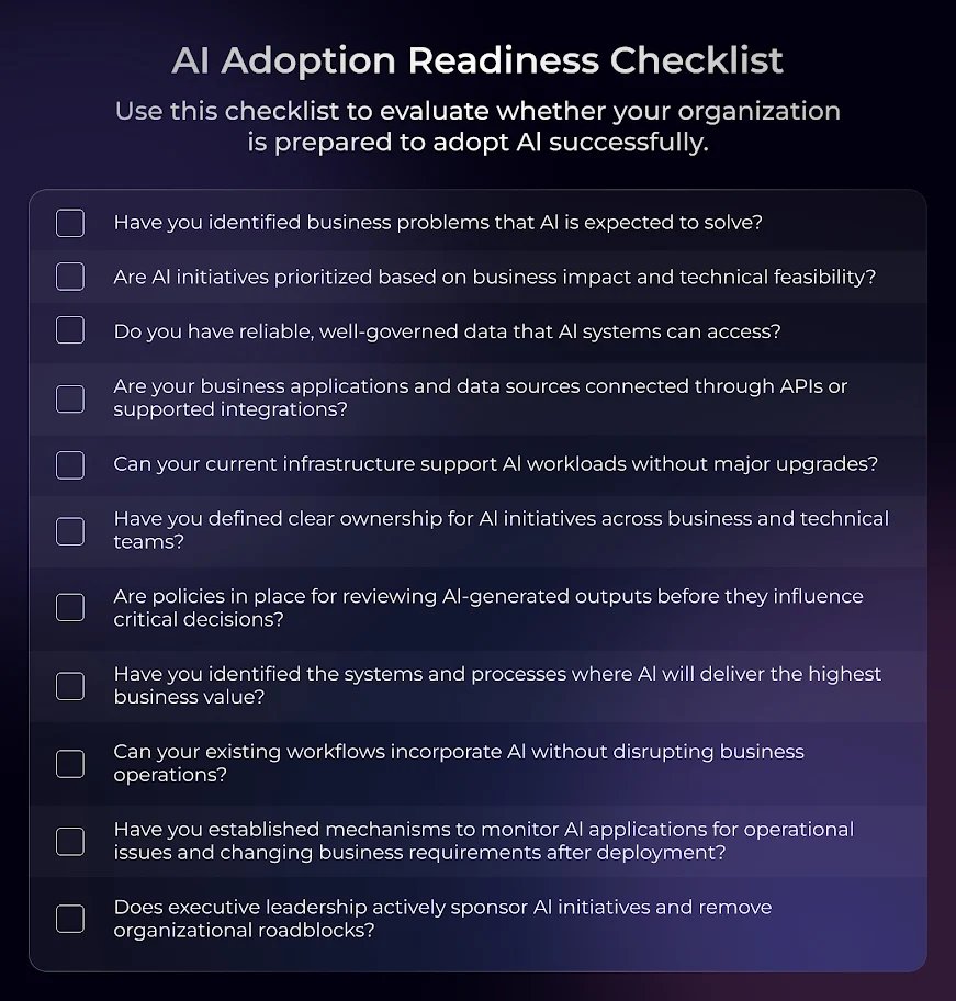 AI Adoption Challenges and How to Overcome Them 3 AI Adoption Readiness Checklist